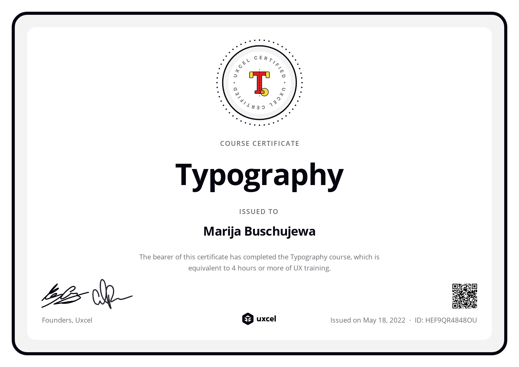 Marija Buschujewa's certificate